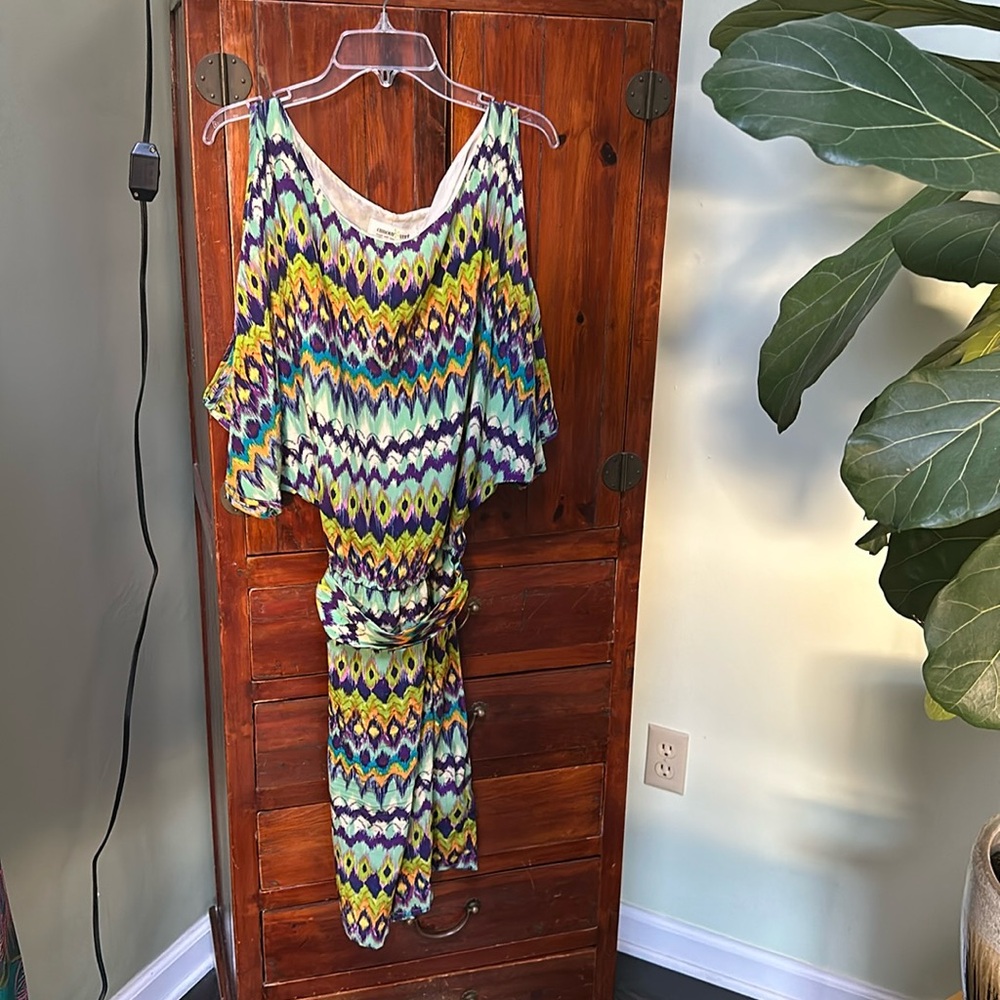 Amour Vert silk mini dress - multicolor with elastic waist and belt - M